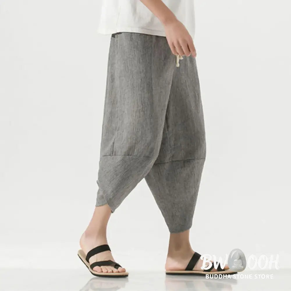 Buddha Stones Plain Simple Design Drawstring 7-8 Length Linen Men’s Harem Pants With Pockets - Men’s Tapered Pants