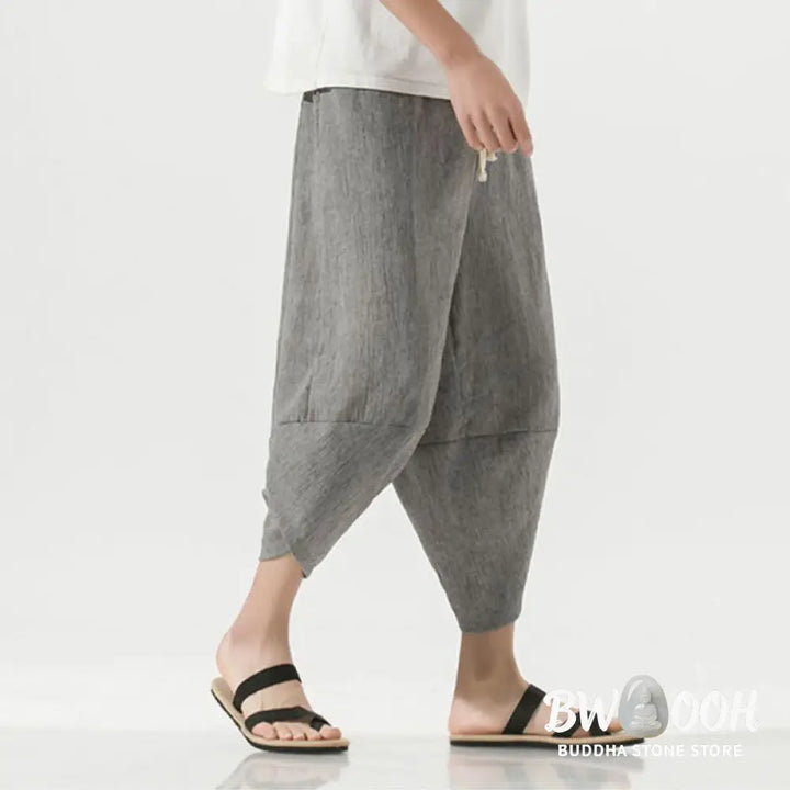 Buddha Stones Plain Simple Design Drawstring 7-8 Length Linen Men’s Harem Pants With Pockets - Men’s Tapered Pants