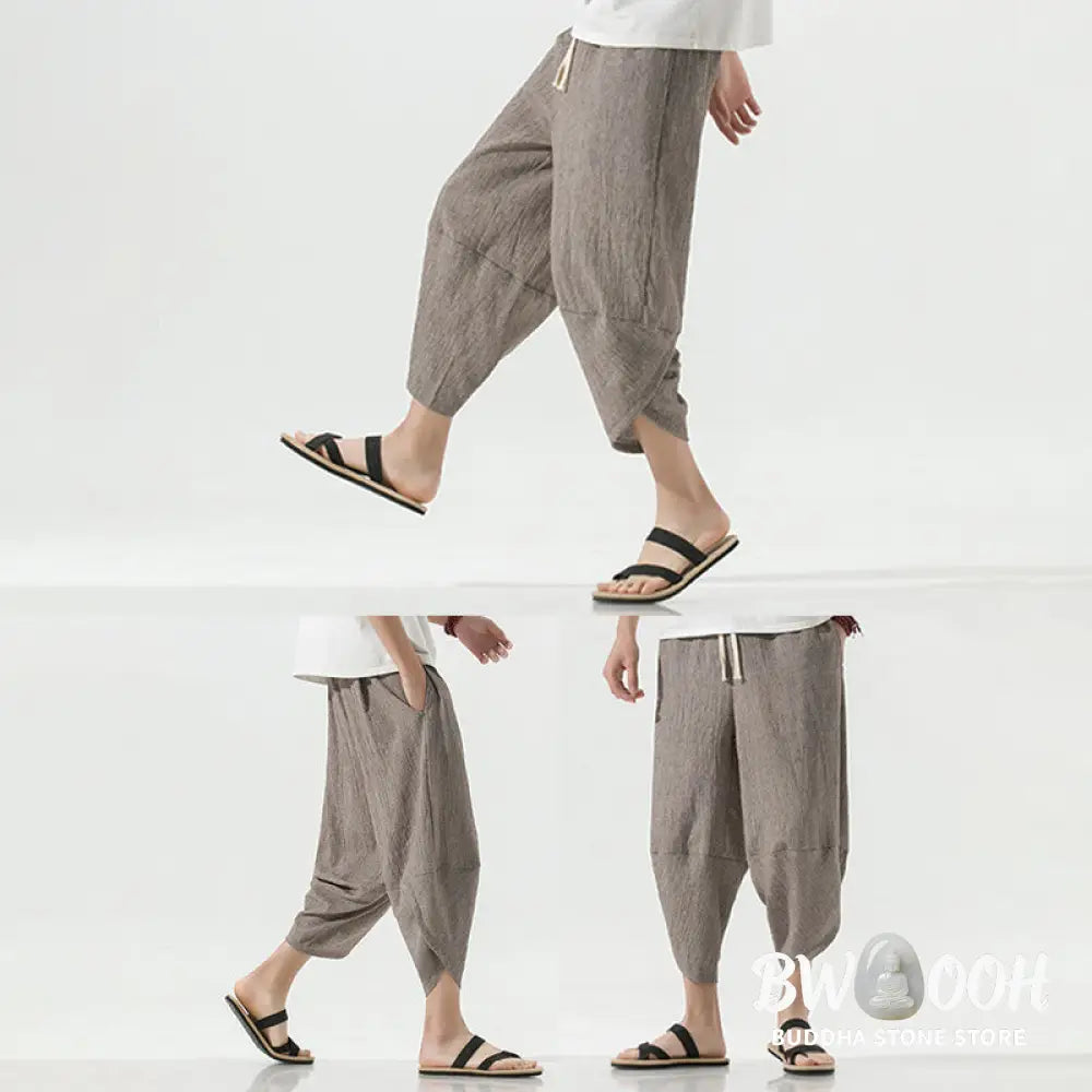 Buddha Stones Plain Simple Design Drawstring 7-8 Length Linen Men’s Harem Pants With Pockets - Men’s Tapered Pants