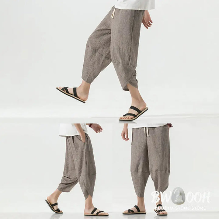 Buddha Stones Plain Simple Design Drawstring 7-8 Length Linen Men’s Harem Pants With Pockets - Men’s Tapered Pants