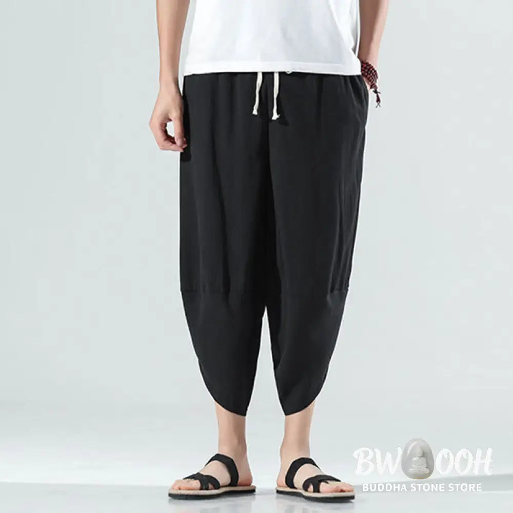 Buddha Stones Plain Simple Design Drawstring 7-8 Length Linen Men’s Harem Pants With Pockets - Men’s Tapered Pants