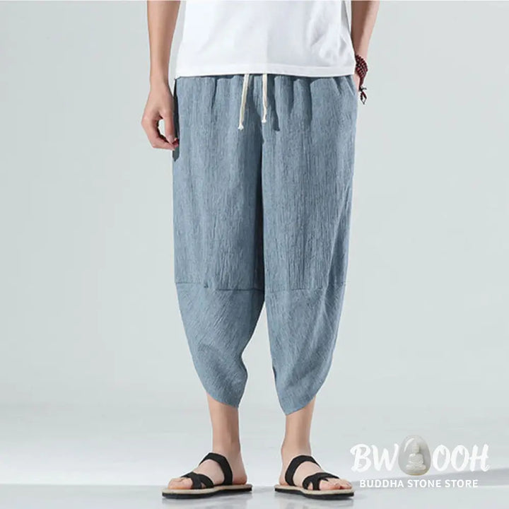 Buddha Stones Plain Simple Design Drawstring 7-8 Length Linen Men’s Harem Pants With Pockets - Men’s Tapered Pants