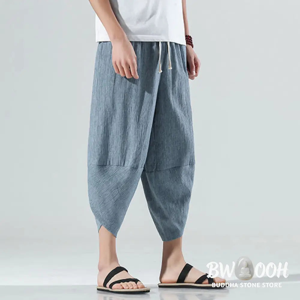 Buddha Stones Plain Simple Design Drawstring 7-8 Length Linen Men’s Harem Pants With Pockets - Men’s Tapered Pants