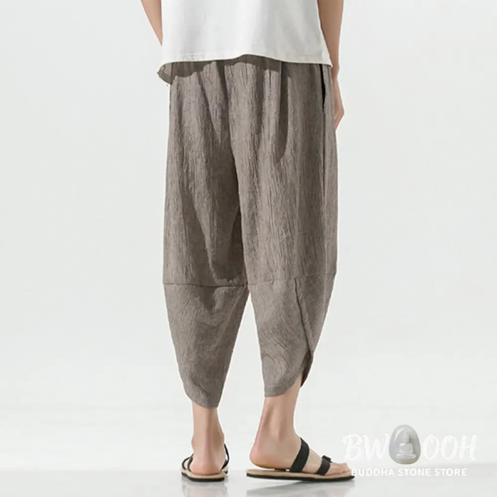 Buddha Stones Plain Simple Design Drawstring 7-8 Length Linen Men’s Harem Pants With Pockets - Men’s Tapered Pants