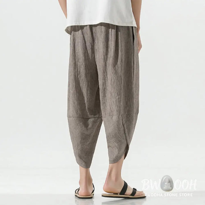 Buddha Stones Plain Simple Design Drawstring 7-8 Length Linen Men’s Harem Pants With Pockets - Men’s Tapered Pants