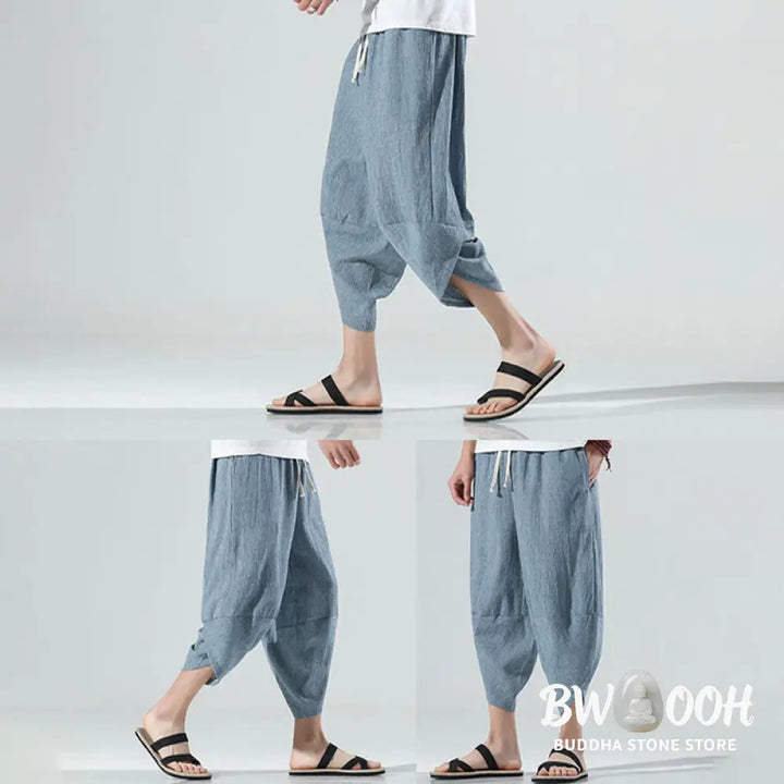 Buddha Stones Plain Simple Design Drawstring 7-8 Length Linen Men’s Harem Pants With Pockets - Men’s Tapered Pants