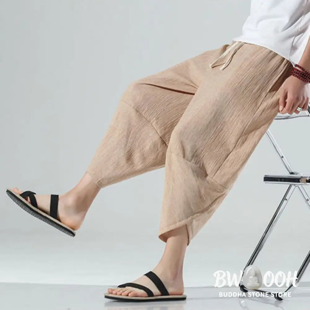 Buddha Stones Plain Simple Design Drawstring 7-8 Length Linen Men’s Harem Pants With Pockets - Men’s Tapered Pants