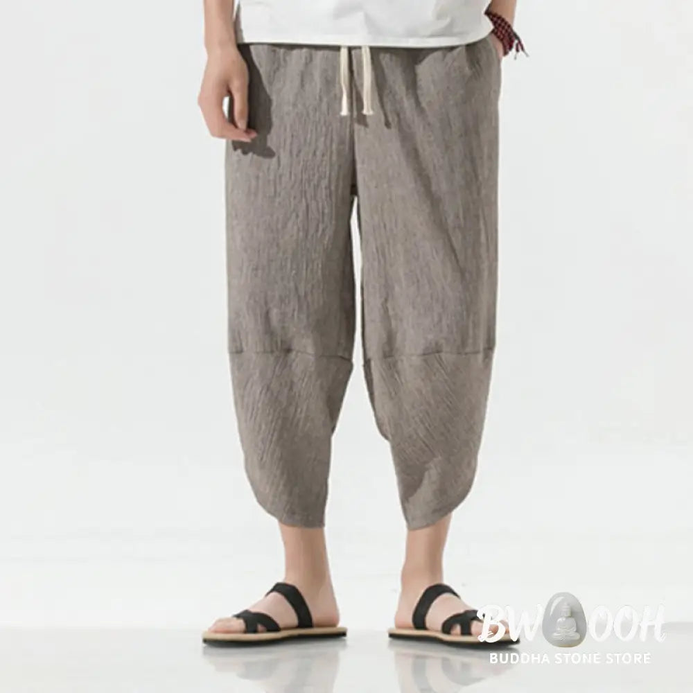 Buddha Stones Plain Simple Design Drawstring 7-8 Length Linen Men’s Harem Pants With Pockets - Men’s Tapered Pants
