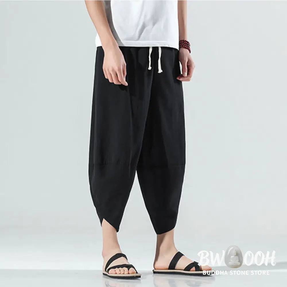 Buddha Stones Plain Simple Design Drawstring 7-8 Length Linen Men’s Harem Pants With Pockets - Men’s Tapered Pants