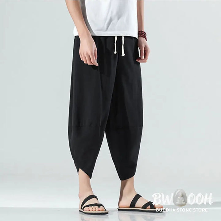Buddha Stones Plain Simple Design Drawstring 7-8 Length Linen Men’s Harem Pants With Pockets - Men’s Tapered Pants