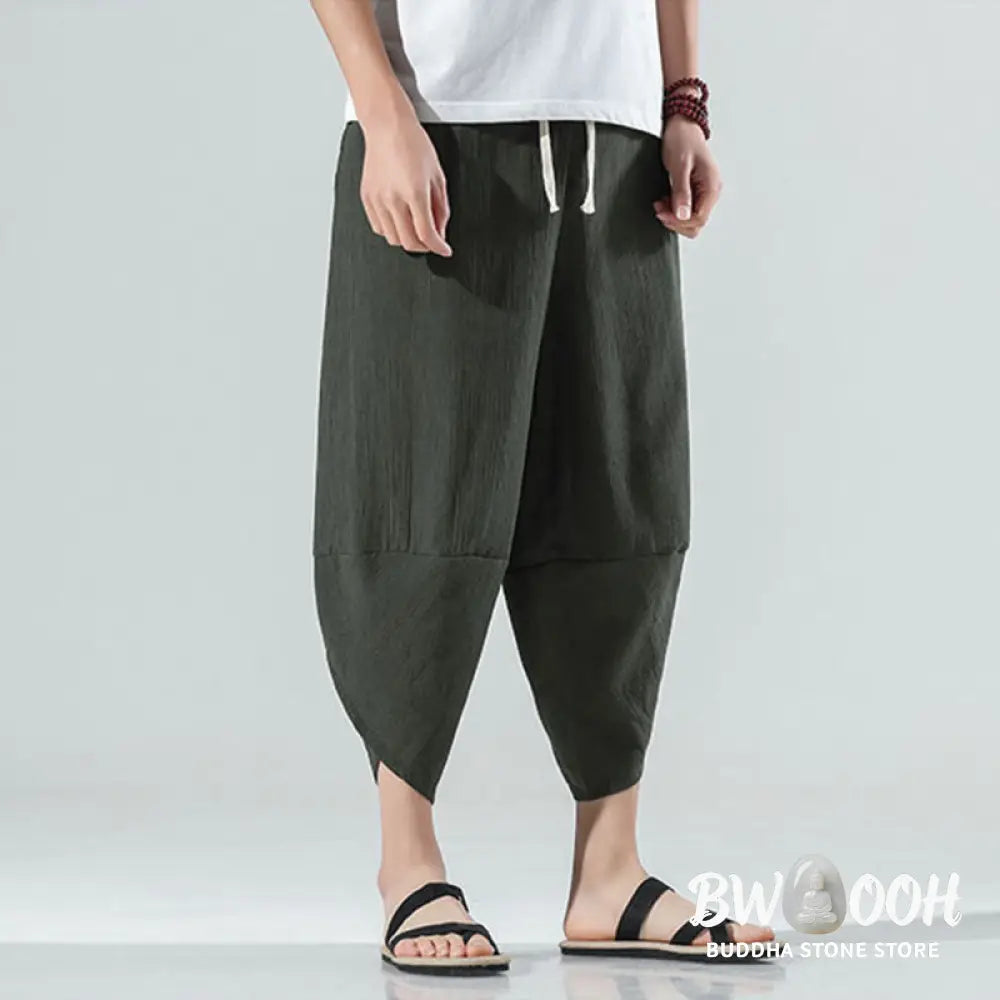 Buddha Stones Plain Simple Design Drawstring 7-8 Length Linen Men’s Harem Pants With Pockets - Men’s Tapered Pants