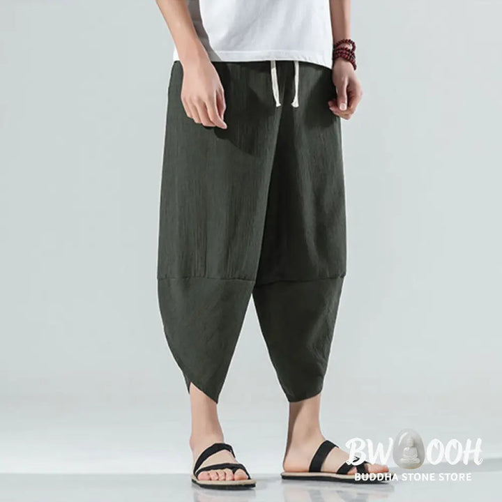 Buddha Stones Plain Simple Design Drawstring 7-8 Length Linen Men’s Harem Pants With Pockets - Men’s Tapered Pants
