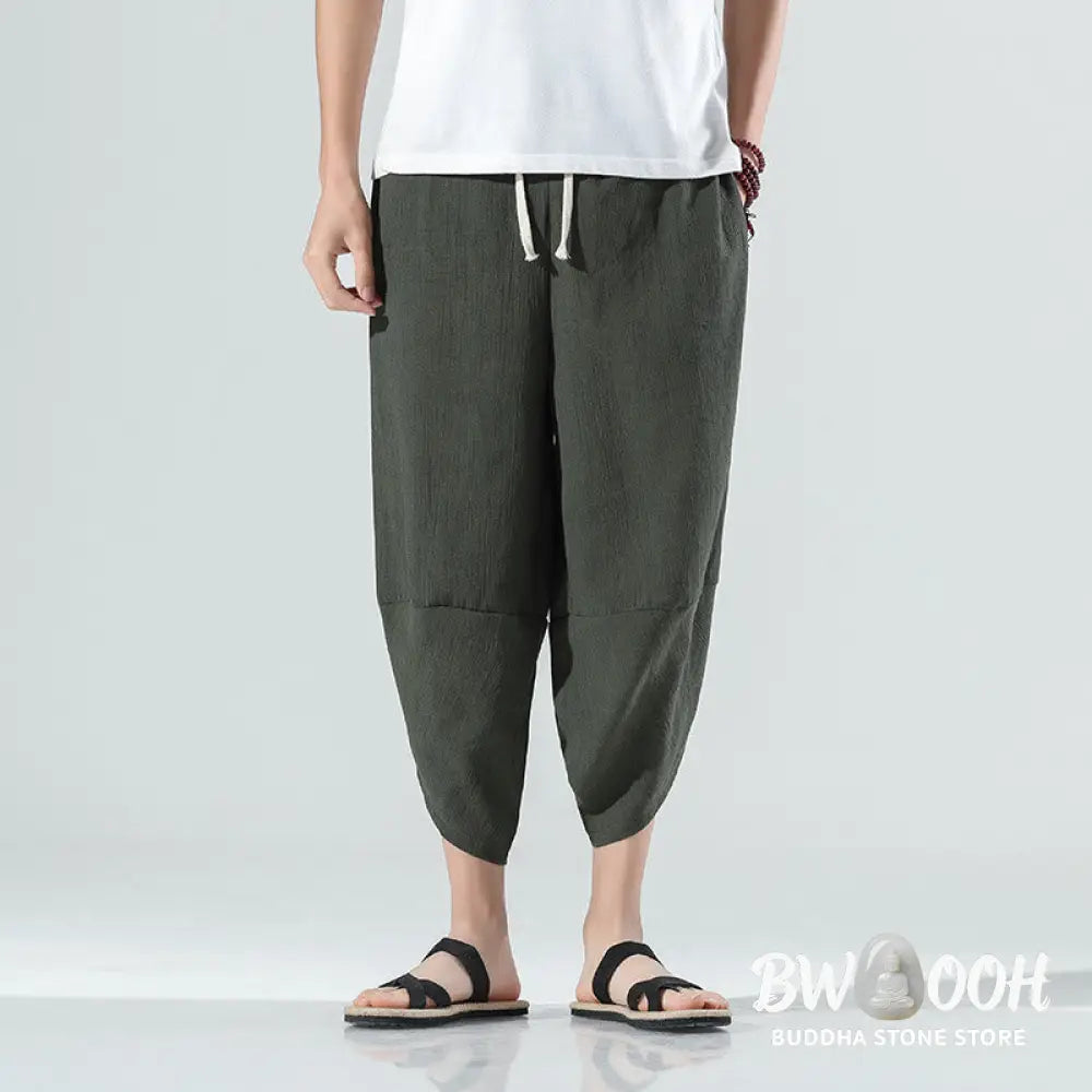 Buddha Stones Plain Simple Design Drawstring 7-8 Length Linen Men’s Harem Pants With Pockets - Men’s Tapered Pants
