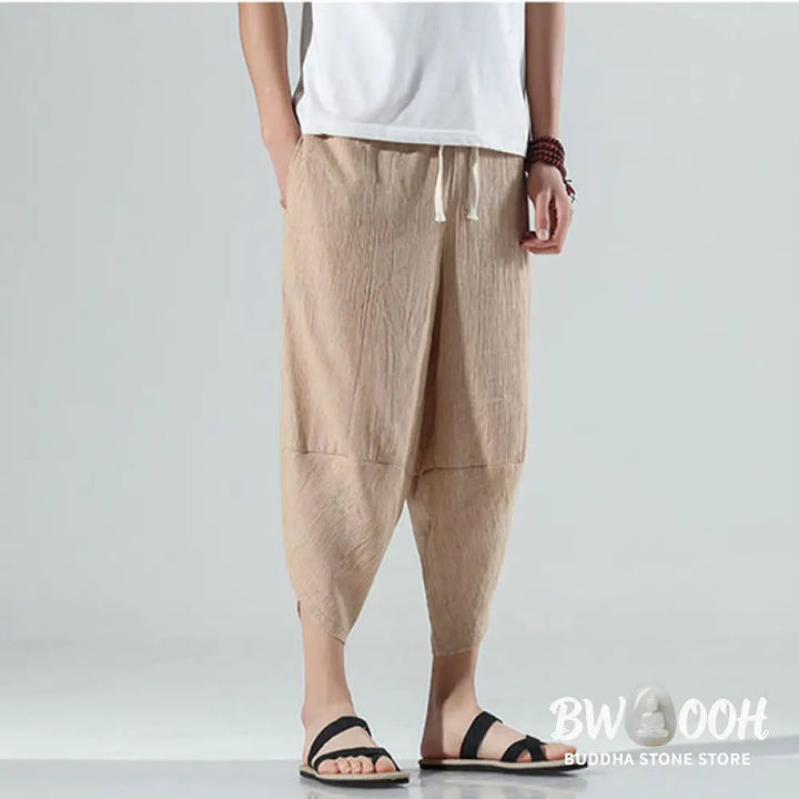 Buddha Stones Plain Simple Design Drawstring 7-8 Length Linen Men’s Harem Pants With Pockets - Men’s Tapered Pants