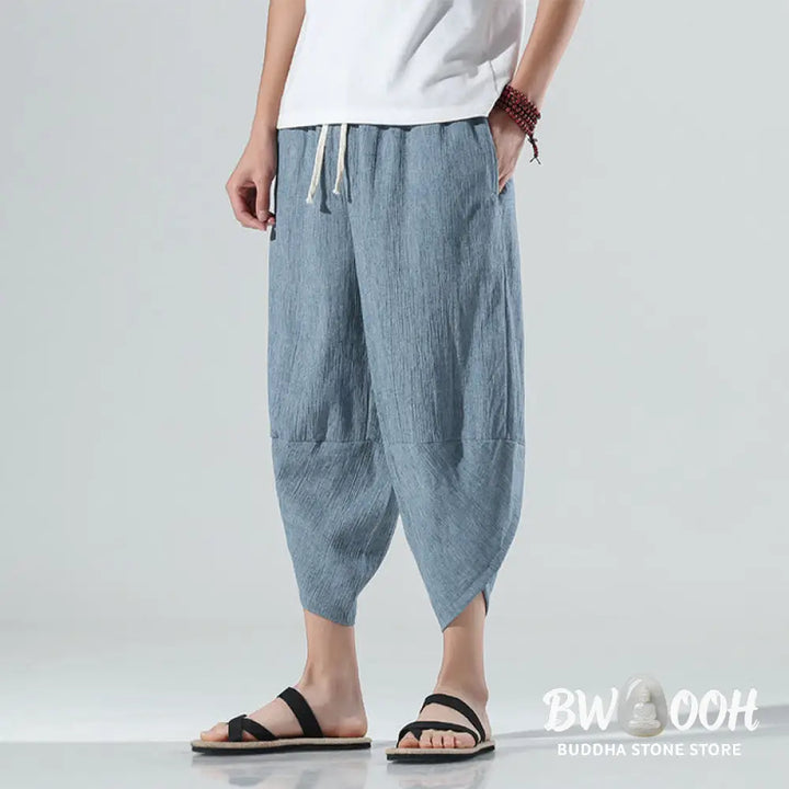 Buddha Stones Plain Simple Design Drawstring 7-8 Length Linen Men’s Harem Pants With Pockets - Men’s Tapered Pants