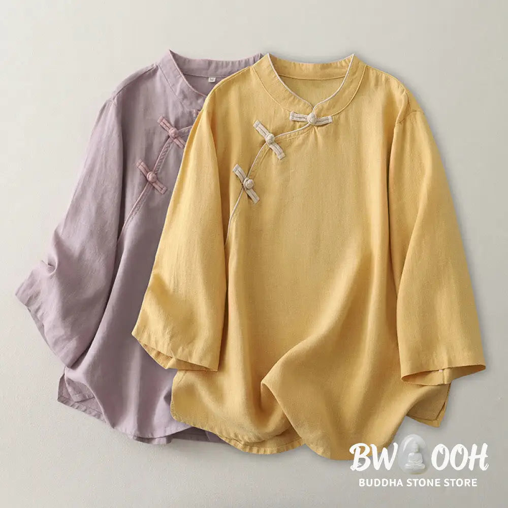 Buddha Stones Plain Slanted Buttons Cotton Linen Women’s Shirt - Women’s Shirts
