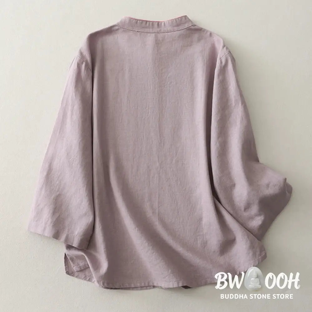 Buddha Stones Plain Slanted Buttons Cotton Linen Women’s Shirt - Women’s Shirts