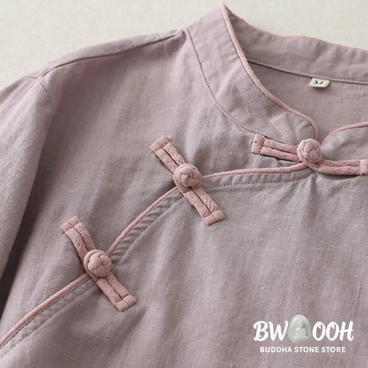 Buddha Stones Plain Slanted Buttons Cotton Linen Women’s Shirt - Women’s Shirts