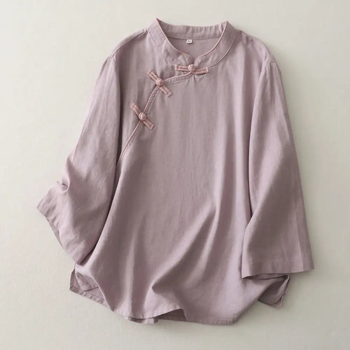 Buddha Stones Plain Slanted Buttons Cotton Linen Women’s Shirt - Thistle / US4，UK/AU8，EU36 (M) - Women’s Shirts
