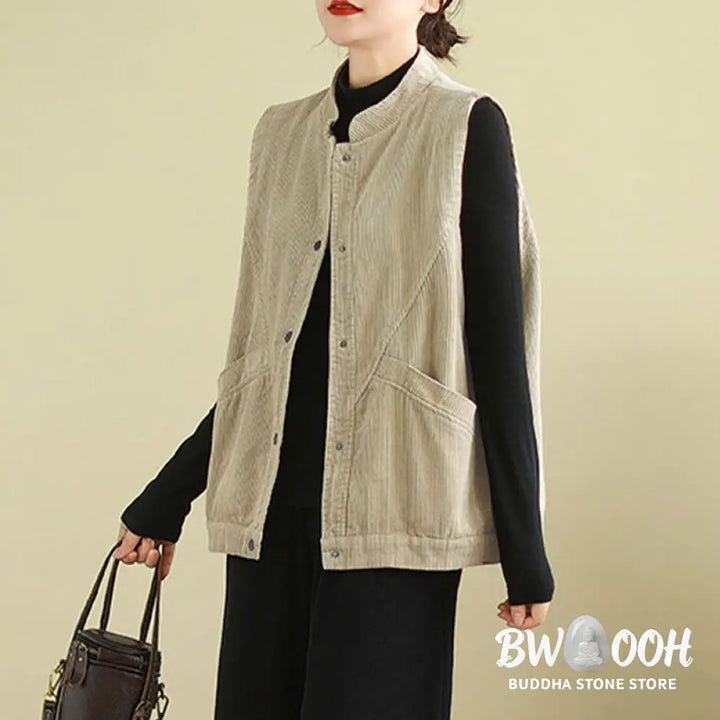 Buddha Stones Plain Sleeveless Women’s Cotton Vest Corduroy Waistcoat With Pockets - Women’s Waistcoat