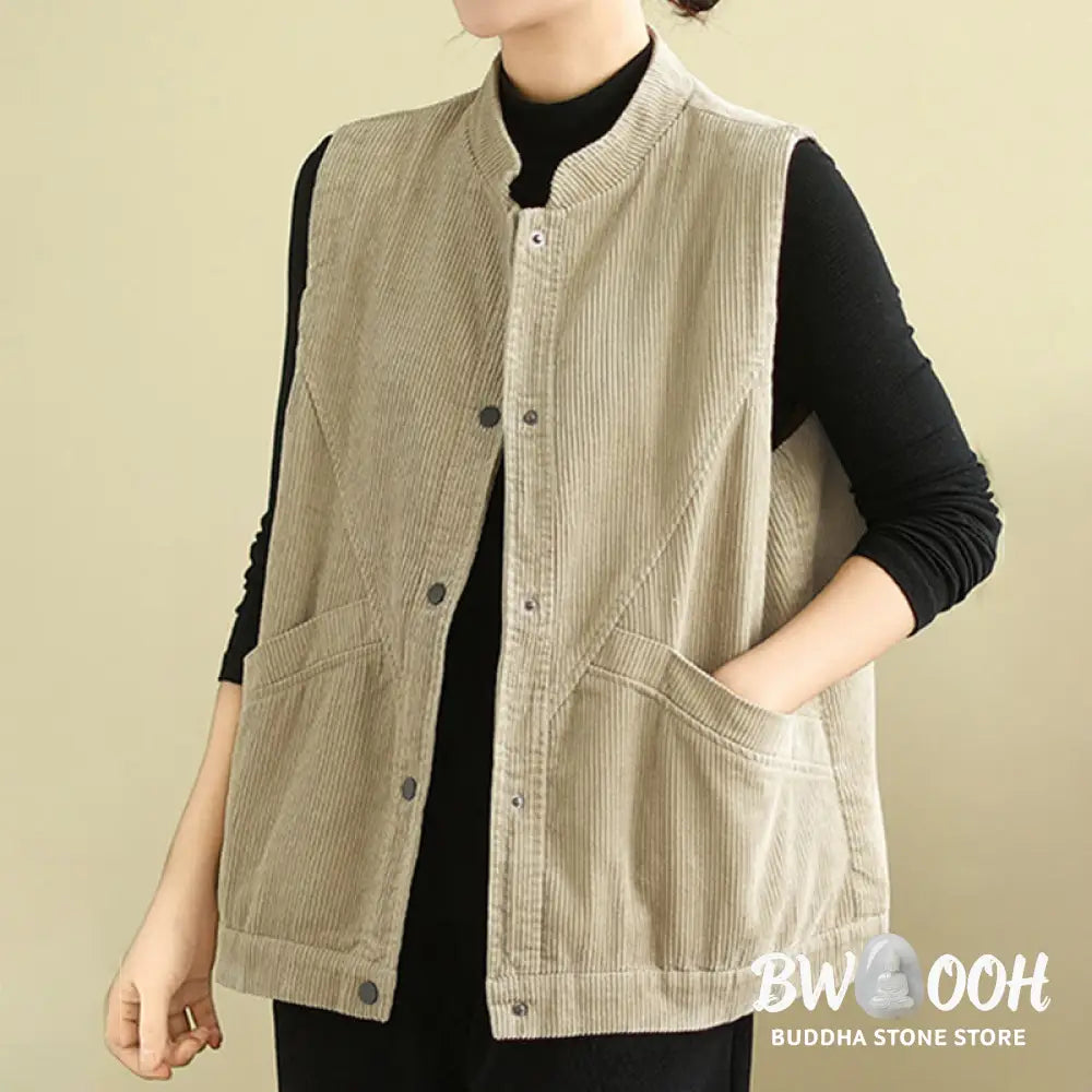 Buddha Stones Plain Sleeveless Women’s Cotton Vest Corduroy Waistcoat With Pockets - Women’s Waistcoat