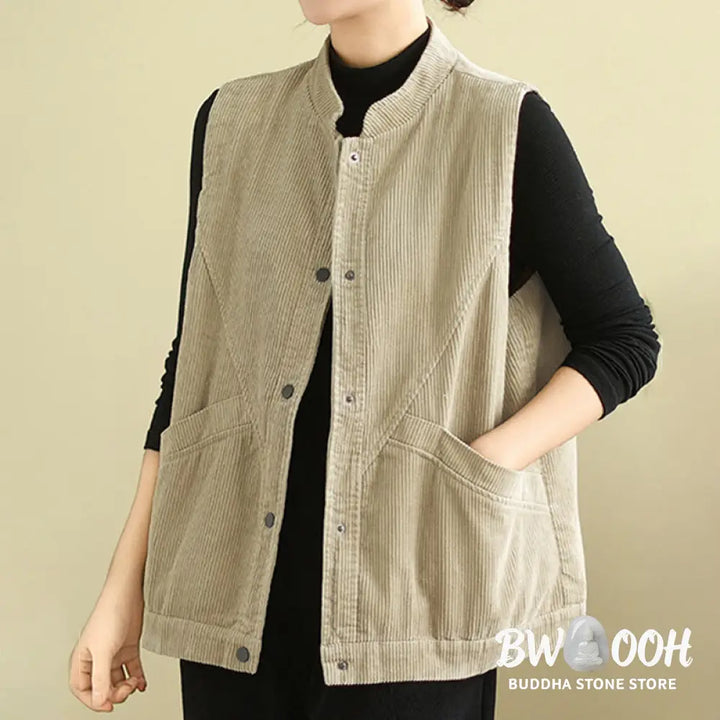 Buddha Stones Plain Sleeveless Women’s Cotton Vest Corduroy Waistcoat With Pockets - Women’s Waistcoat