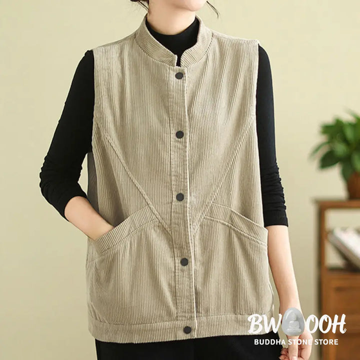 Buddha Stones Plain Sleeveless Women’s Cotton Vest Corduroy Waistcoat With Pockets - Women’s Waistcoat