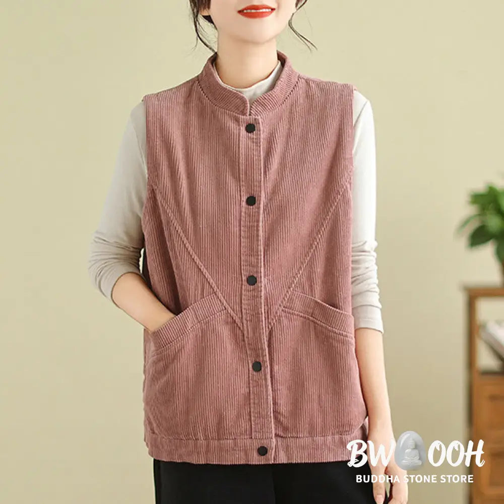 Buddha Stones Plain Sleeveless Women’s Cotton Vest Corduroy Waistcoat With Pockets - Women’s Waistcoat
