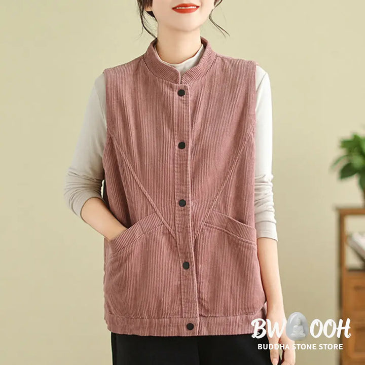 Buddha Stones Plain Sleeveless Women’s Cotton Vest Corduroy Waistcoat With Pockets - Women’s Waistcoat