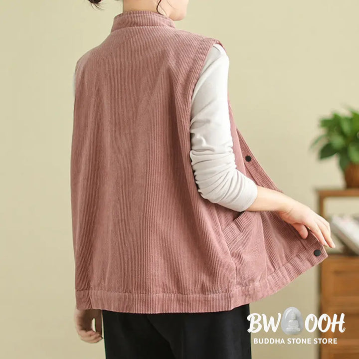 Buddha Stones Plain Sleeveless Women’s Cotton Vest Corduroy Waistcoat With Pockets - Women’s Waistcoat