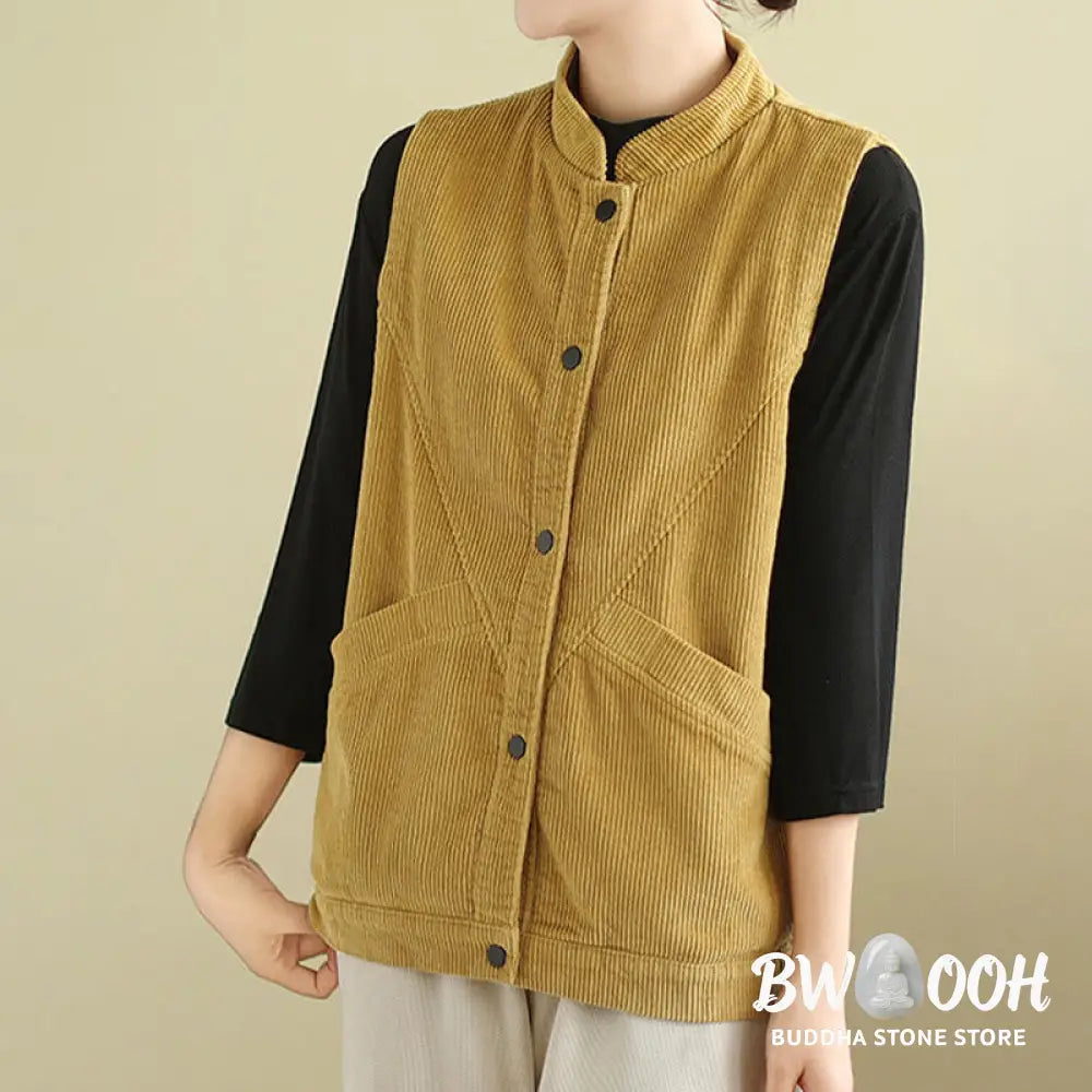 Buddha Stones Plain Sleeveless Women’s Cotton Vest Corduroy Waistcoat With Pockets - Women’s Waistcoat