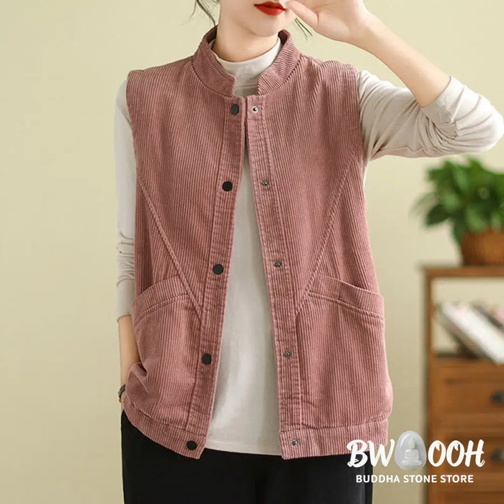 Buddha Stones Plain Sleeveless Women’s Cotton Vest Corduroy Waistcoat With Pockets - Women’s Waistcoat