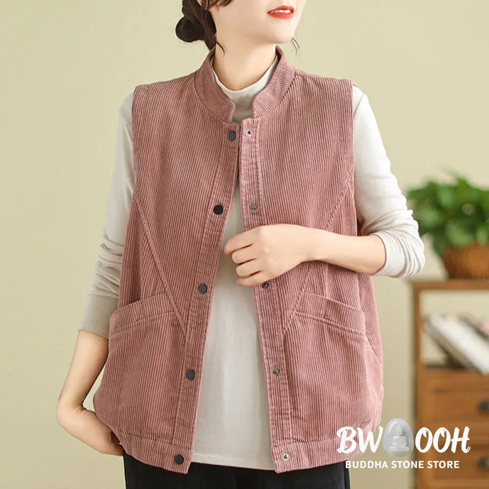 Buddha Stones Plain Sleeveless Women’s Cotton Vest Corduroy Waistcoat With Pockets - Women’s Waistcoat