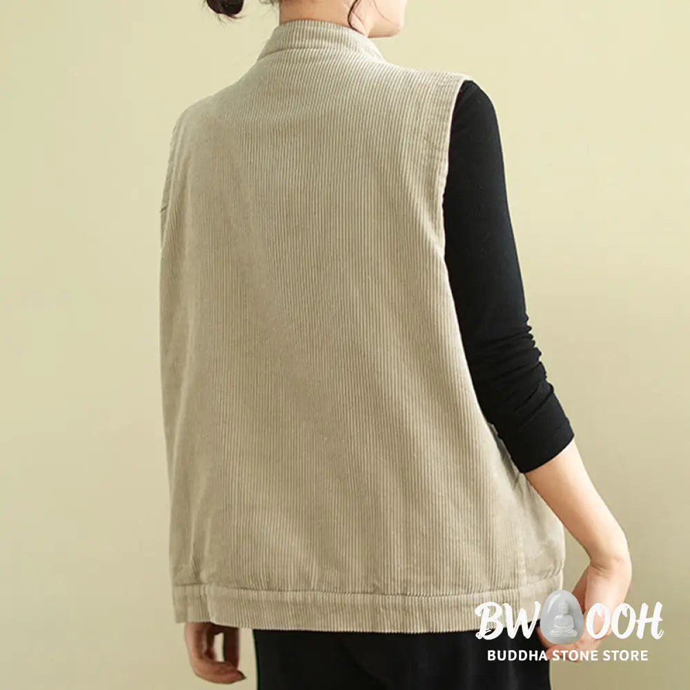 Buddha Stones Plain Sleeveless Women’s Cotton Vest Corduroy Waistcoat With Pockets - Women’s Waistcoat
