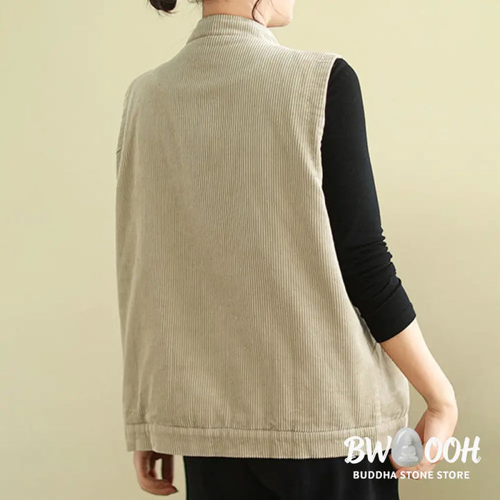 Buddha Stones Plain Sleeveless Women’s Cotton Vest Corduroy Waistcoat With Pockets - Women’s Waistcoat
