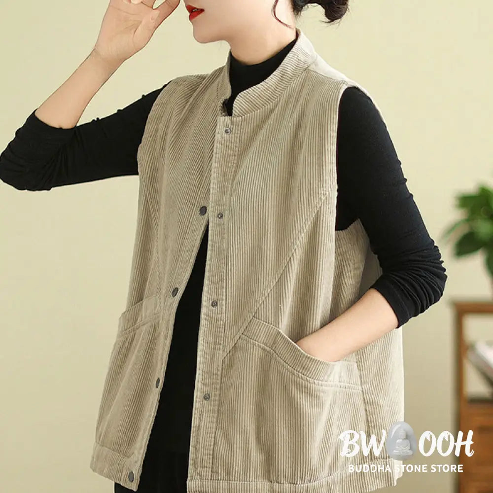 Buddha Stones Plain Sleeveless Women’s Cotton Vest Corduroy Waistcoat With Pockets - Women’s Waistcoat