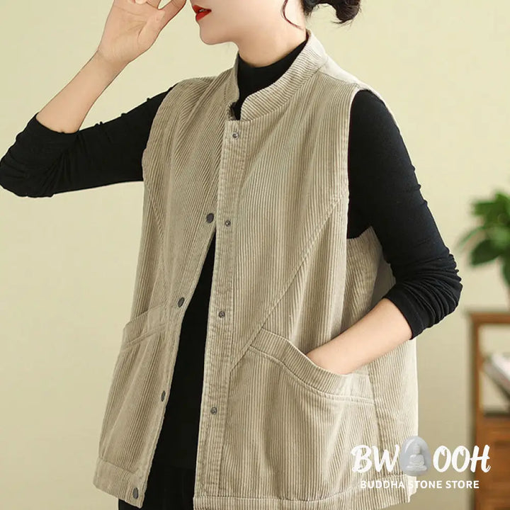 Buddha Stones Plain Sleeveless Women’s Cotton Vest Corduroy Waistcoat With Pockets - Women’s Waistcoat