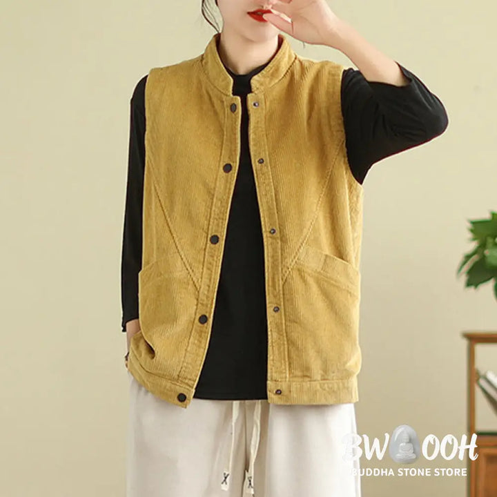 Buddha Stones Plain Sleeveless Women’s Cotton Vest Corduroy Waistcoat With Pockets - Women’s Waistcoat