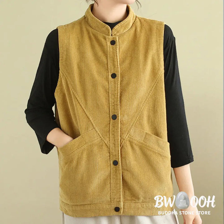 Buddha Stones Plain Sleeveless Women’s Cotton Vest Corduroy Waistcoat With Pockets - Women’s Waistcoat