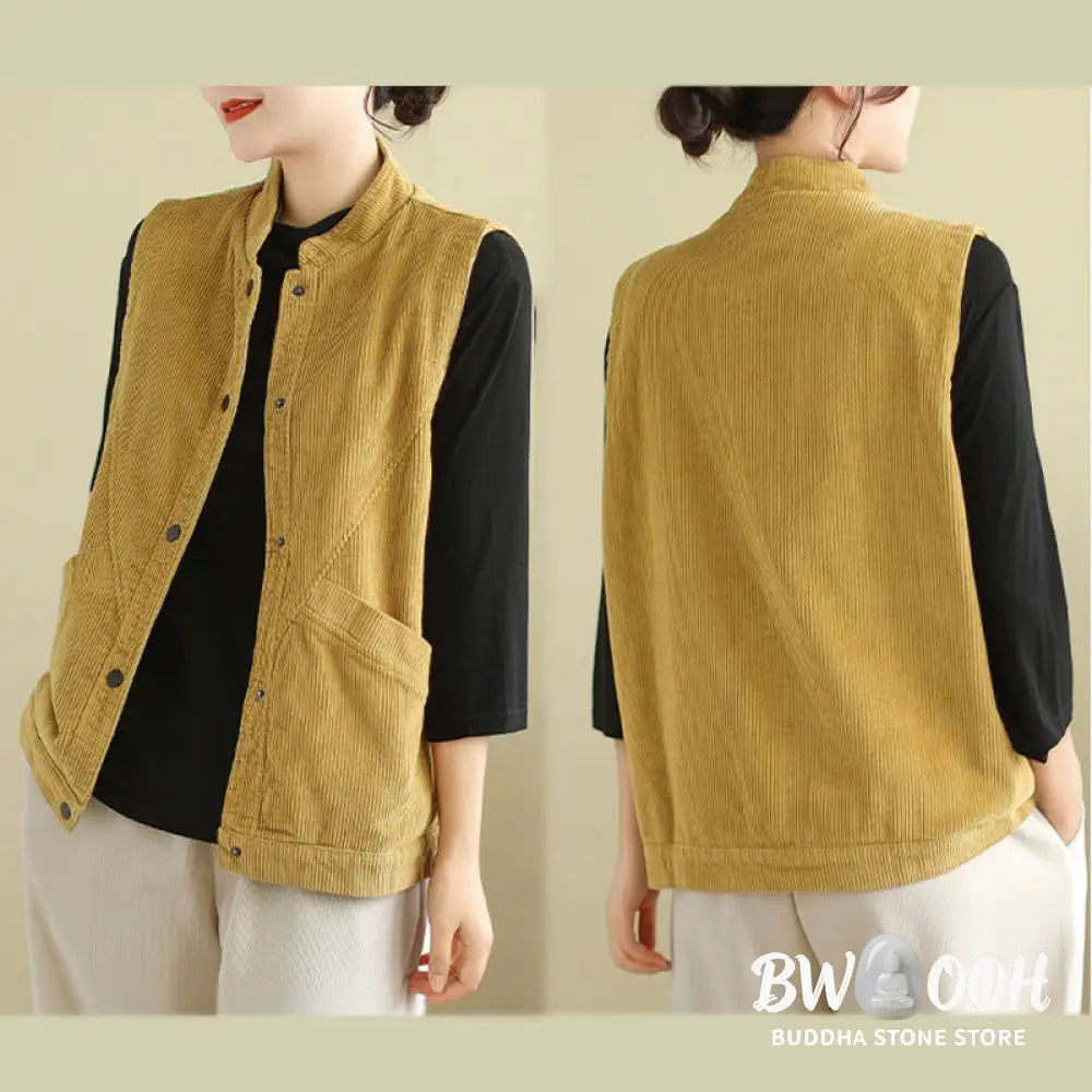 Buddha Stones Plain Sleeveless Women’s Cotton Vest Corduroy Waistcoat With Pockets - Women’s Waistcoat
