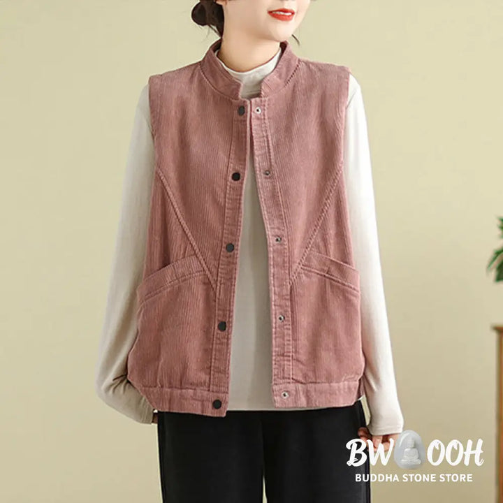 Buddha Stones Plain Sleeveless Women’s Cotton Vest Corduroy Waistcoat With Pockets - Women’s Waistcoat
