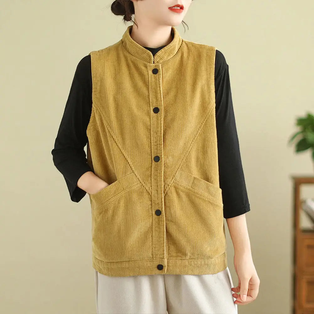 Buddha Stones Plain Sleeveless Women’s Cotton Vest Corduroy Waistcoat With Pockets - Goldenrod / US4，UK/AU8，EU36 (M)