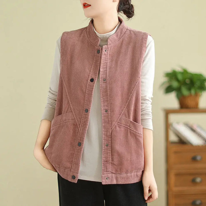 Buddha Stones Plain Sleeveless Women’s Cotton Vest Corduroy Waistcoat With Pockets - PaleVioletRed / US4，UK/AU8，EU36