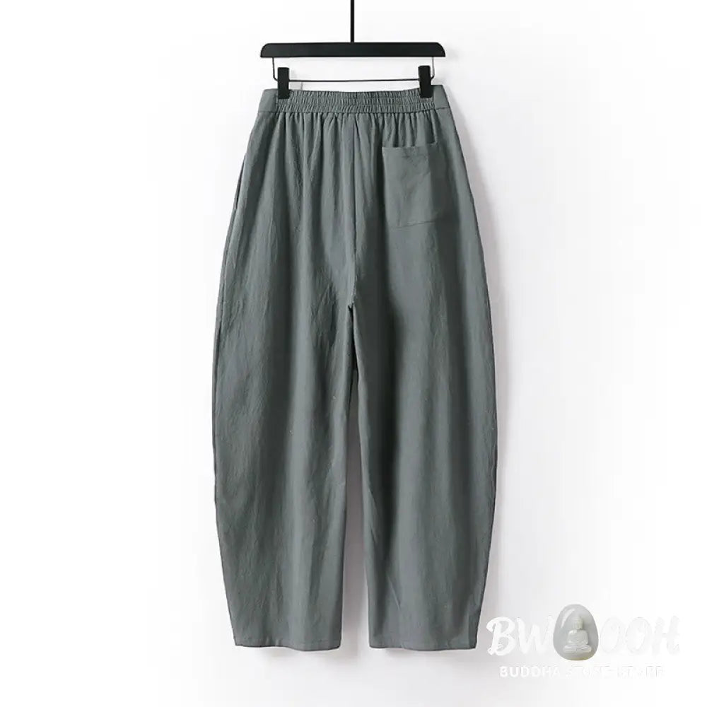 Buddha Stones Plain Straight Leg Zipper Design Men’s Cotton Linen Pants With Pockets - Men’s Pants