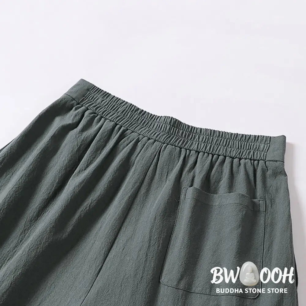 Buddha Stones Plain Straight Leg Zipper Design Men’s Cotton Linen Pants With Pockets - Men’s Pants