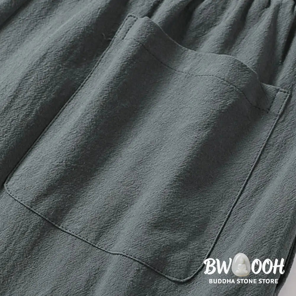 Buddha Stones Plain Straight Leg Zipper Design Men’s Cotton Linen Pants With Pockets - Men’s Pants
