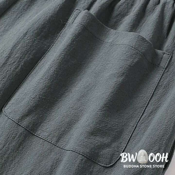 Buddha Stones Plain Straight Leg Zipper Design Men’s Cotton Linen Pants With Pockets - Men’s Pants