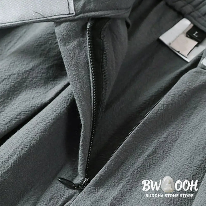 Buddha Stones Plain Straight Leg Zipper Design Men’s Cotton Linen Pants With Pockets - Men’s Pants