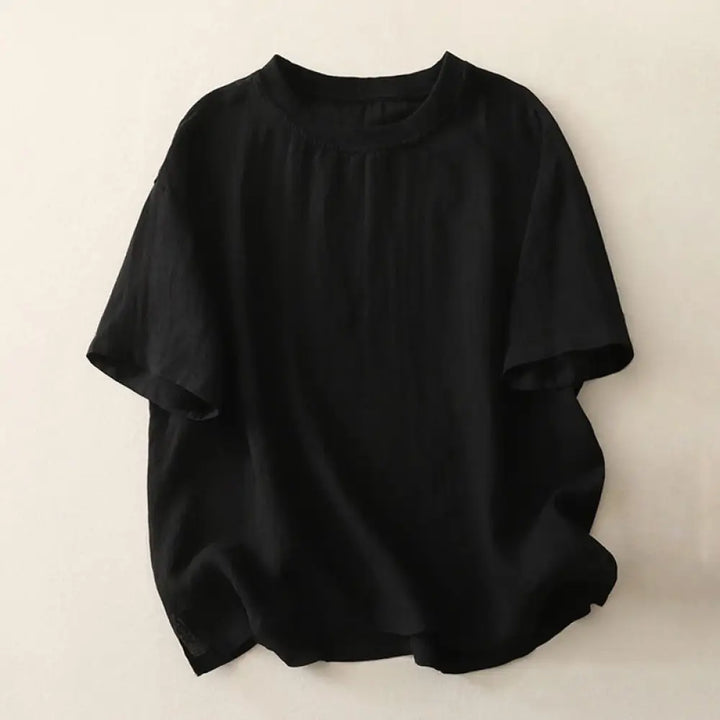 Buddha Stones Plain Threaded Crew Neck Design Women’s Polyester Short Sleeves Shirt - Black / US6，UK/AU10，EU38 (M)