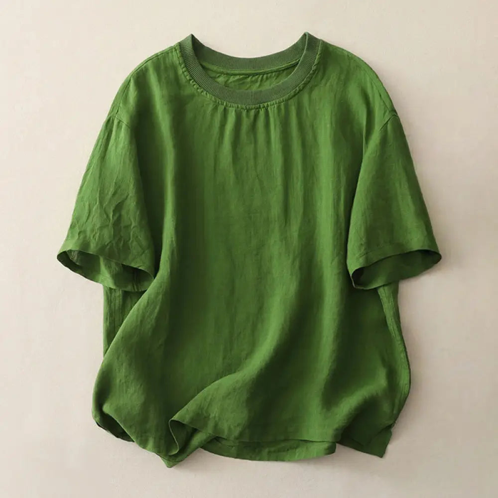 Buddha Stones Plain Threaded Crew Neck Design Women’s Polyester Short Sleeves Shirt - ForestGreen / US6，UK/AU10，EU38